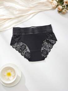 3 piezas Calzones transparentes de cintura alta para mujer, ropa interior sexy con encaje en triángulo