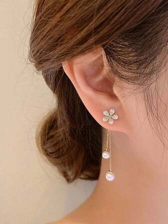 1 pieza Pendientes de flor con perla y circonita cúbica microincrustada, estilo elegante y dulce de señorita
