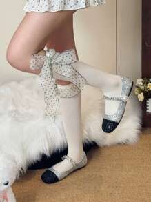 1 Pair Women's Cute Bow & Polka Dot Long Socks, Sweet Style Mid-Calf Length Stockings, Suitable For Spring & Autumn