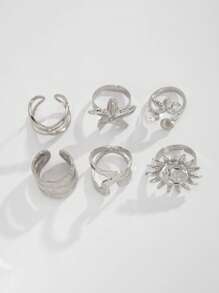 Set de 6 anillos de metal dorado vintage punk con elementos multicomponentes, decorados con elementos marinos como conchas, estrellas de mar y perlas falsas, se pueden usar solos o combinados, adecuados para atuendos diarios y de fiesta de la mujer, decoración de resort de playa, set de joyas de moda de verano