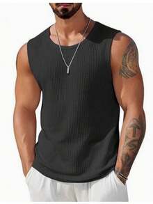 Men's Ribbed Knit Tank Tops Casual Solid Color Sleeveless T-Shirt Workout Training Bodybuilding Tops Streetwear - Black - View 1
