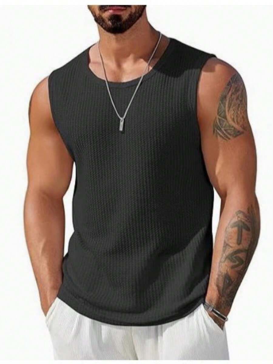 Men's Ribbed Knit Tank Tops Casual Solid Color Sleeveless T-Shirt Workout Training Bodybuilding Tops Streetwear - Black - View 1