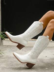 Tropiscape 女士中筒高跟刺绣粗跟V型开口时尚户外派对西部牛仔靴万圣节 - 白色 - 查看 6