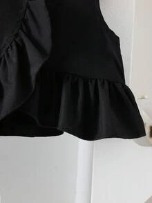 女婴休闲优雅黑色荷叶边拼接不对称上衣和蝴蝶印花阔腿裤套装，适合户外穿着 - 黑色 - 查看 5