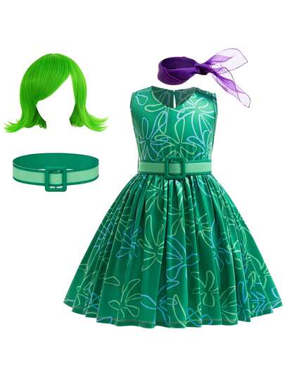 厌恶服装女孩万圣节圣诞节角色扮演公主派对化装打扮 + 假发围巾 + 腰带套装