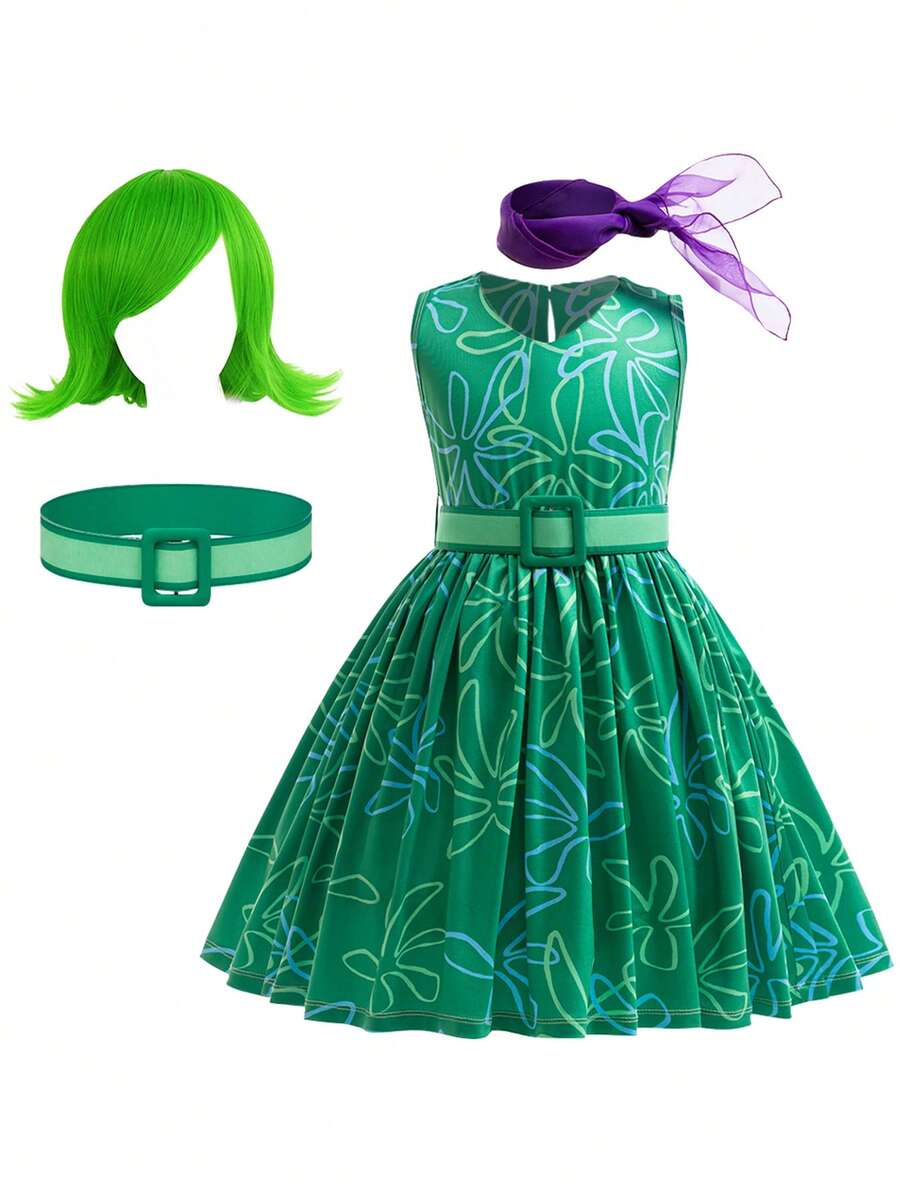 厌恶服装女孩万圣节圣诞节角色扮演公主派对化装打扮 + 假发围巾 + 腰带套装