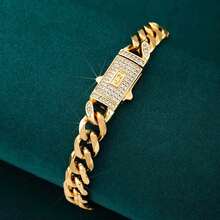 1pc Men's Fashionable Chain Bracelet, Cubic Zirconia Embedded Cuban Link Chain Design, Suitable For Daily Wear, Hip-Hop Style - Gold - View 6
