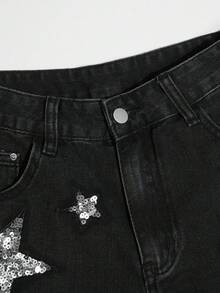 Pantaloni scurți de damă, negru, din denim, cu paiete, cu tiv uzat - Negru - Vizualizare 5