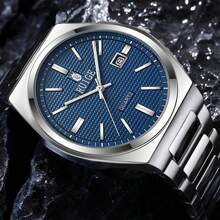 RUIG Relógio de Quartzo de Luxo Masculino da RUIGE, Pulseira de Aço Inoxidável, Calendário, Mostrador Azul, Relógio de Pulso Casual de Negócios, Presente para Homens