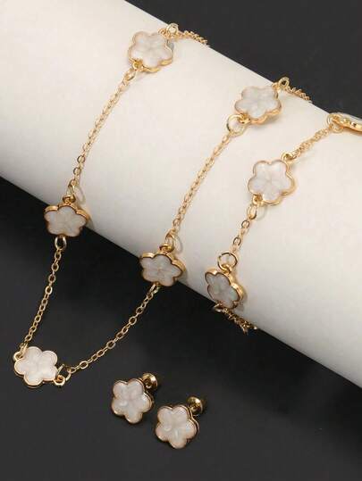 4pcs/Set Vintage Style Clover Jewelry Set For Women - Necklace, Bracelet, Earrings, Romantic Gift For Valentine's Day Or Festivals