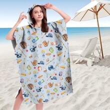1pc Digital Printed Pattern Ultra-Fine Fiber Hooded Bath Towel, Suitable For Bathing, Swimming Pool, Travel Items, Festival Gifts