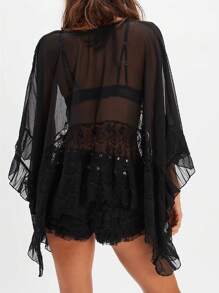 Camisa de mujer con mangas largas, lazo frontal, volantes y encaje en la Bottom, escote en V transparente, estilo boho, campesina y de playa