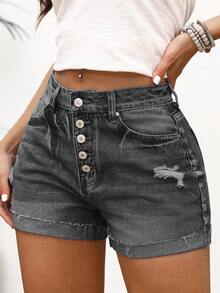 Women's Casual Distressed Button Denim Shorts - 灰色 - 查看 6