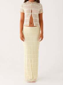 Women's Summer Outfits Solid Pleated Front Opening Crew Neck Short Sleeve Tops With Long Skirt 2 Pcs Set