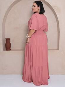 Plus Size Long Dress V Neck Short Sleeve - Burnt Pink - View 2