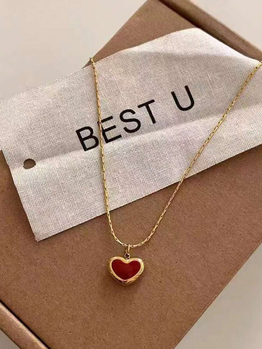 1pc Women's Pendant Necklace, Red Heart Shaped Pendant, Minimalist & Versatile Jewelry, Suitable For Daily Wear And Gift, Valentine's Day Jewelry Gift