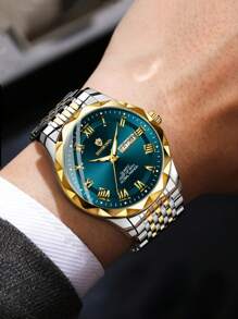 1pc Men's Rust-Proof 316 Stainless Steel Gold Plated Wire Green Black Dial 50m Waterproof Watch - Luminous Hands, English Calendar Date Precise Timekeeping Imported Quartz Movement From Japan High-Quality Luxury For Sport & Outdoor | US & Middle East Style Gift Father Husband Birthday Holiday Gifts