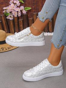 Zapatos deportivos casuales de mujer en color plata, diseño clásico con cordones y cremallera lateral, atuendo exterior sencillo, zapatos casuales cómodos (corren un tamaño talla grande pequeño)