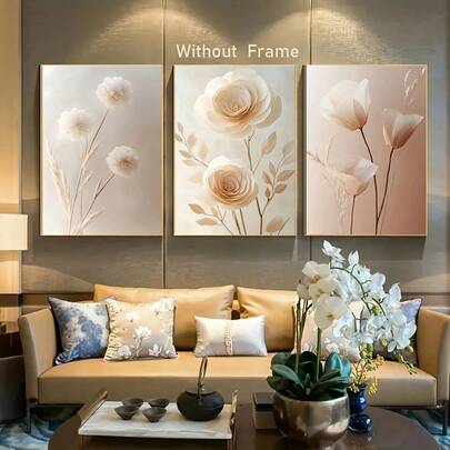 1Pc/3Pcs Bohemian Style Beige Botanical Floral Wall Art Decor Posters Modern Minimalist Flower Canvas Prints Fashion Paintings For Living Room Bedroom Home Office Dormitory Decor Wall Background Design Picture Framed/Unframed ,Wall Art With Frame