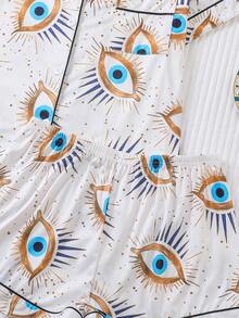 2 件套印花女式睡衣，纽扣式短袖舒适上衣和松紧腰短裤，时尚睡衣套装，适合居家、派对、休闲穿着 - 白色 - 查看 6