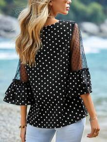 Women's Spring/Summer Vacation Style Polka Dot Print Contrast Mesh Ruffle Sleeve Blouse Black - Black - View 5