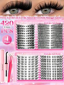 420PCS Large Capacity Individual Lash Clusters ,Foxy Eye&Cat Eye&Natural Wispy&Manga Lashes 10-18mm Left+Right For Paired Single Cluster, Natural Look&Extra Thick&Ultra Soft&Super Light DIY Eyelash Extension Kit With Makeup Tools Bond And Seal&Lash Tweezers&2 Lash Brushes - Black - View 1