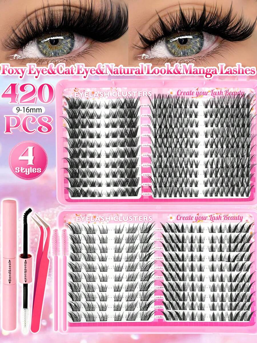 420PCS Large Capacity Individual Lash Clusters ,Foxy Eye&Cat Eye&Natural Wispy&Manga Lashes 10-18mm Left+Right For Paired Single Cluster, Natural Look&Extra Thick&Ultra Soft&Super Light DIY Eyelash Extension Kit With Makeup Tools Bond And Seal&Lash Tweezers&2 Lash Brushes - Black - View 1