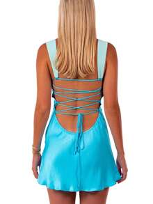 Women Sleeveless Mini Dress Summer Casual Contrast Colors Tie Up Backless Ruched Party Dress For Beach Club Streetwear - Màu xanh lam - Xem 7