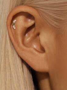 1PC 925 Sterling Silver Natural Green Agate Crown Devil's Eye Marquise Flat Back Cartilage Helix Piercing Fine Jewelry For Daily Wear Wedding Party Engagement Anniversary Valentine's Day
