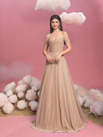 少女露肩 A 字形礼服，后系带设计 - 优雅飘逸的廓形，适合毕业晚会、红毯晚会、婚礼宾客服装、生日派对、选美活动