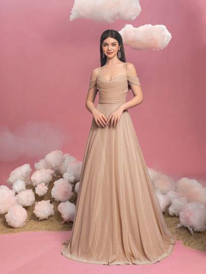 少女露肩 A 字形礼服，后系带设计 - 优雅飘逸的廓形，适合毕业晚会、红毯晚会、婚礼宾客服装、生日派对、选美活动