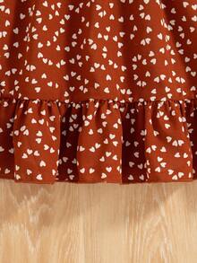 少女情人节爱心印花方领泡泡袖鱼尾连衣裙 - 鏽棕色 - 查看 3