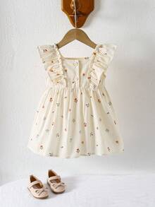 1件女婴全印花无袖休闲宽松连衣裙，百搭夏季穿搭套装，适合小女婴