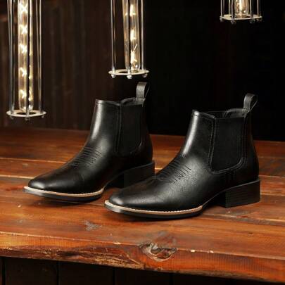 Men's Western Cowboy Boots Feature A Square Toe And Chelsea Boot Design. These Black Ankle Cowboy Boots Offer A Casual, Retro Look With Stylish Appeal