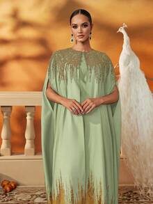 Váy dạ hội dài trang trọng lấy cảm hứng từ Kaftan xanh lá cây vàng với hạt cườm nặng và viền kim loại, váy dạ hội thanh lịch, kín đáo - Quả xanh - Xem 3