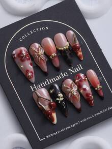 10 件欧美风格超长仿真指甲，优质棕色和金色边缘 3D 雕刻樱花，手绘渐变扎染，奢华手工可穿戴指甲，Y2K 性感女孩美学，适合女性和女孩按压指甲美甲用品 - 彩色 - 查看 3