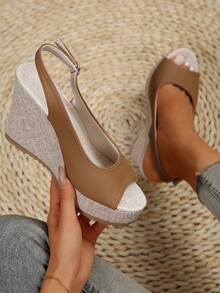 Khaki Woven Bottom Rope Thick Bottom Wedge Heel Peep Toe Sandals, Versatile - Khaki - View 4