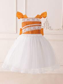 Young Girl Shiny Sequin Mesh Cap Sleeve Princess Dress Suitable For Performances And Parties - Orange - View 2