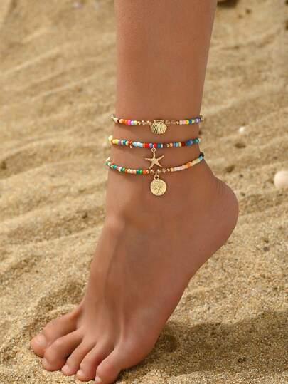 3-Piece Elegant Glass Bead Anklet Set With Starfish And Shell Pendants, Multi-Layer Beaded Stretch Anklet, Summer Beach Holiday Style Accessory Suitable For All Seasons (Random Color & Quantity)