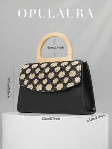 OpulAura Summer Vacation Style Woven Clutch Bag, Fashionable Floral Pattern Straw Texture Handbag, Party/Evening Bag, Random Cut, Suitable For Women, Suitable For Party, Wedding, Prom, Very Suitable For Party, Wedding, Prom Evening/Banquet, Paired With Holiday Party Dresses, Evening Gowns And Beachwear - Black - View 3