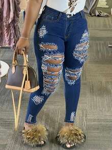 Plus Size Summer Ripped Frayed Skinny Denim Jeans Casual Spring - Dark Wash - View 5
