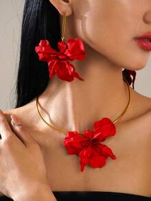 多层 3D 花卉耳环和项链首饰套装、仿 3D 花卉首饰套装、夏季红色花卉首饰套装、多层 3D 首饰套装、开口颈链、吊坠耳环、派对首饰、装扮首饰、海滩度假首饰、节日礼物、送给家人和朋友的礼物、随机花中心方向 - 紅色 - 查看 2