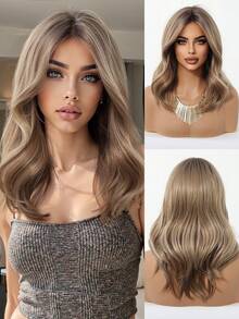 16-Inch Brown Ombre 8-Shaped Bangs Medium Curly Synthetic Heat-Resistant Fiber Wig, Suitable For Women's Daily Wear, Parties, Mother's Day, Music Festivals And Other Occasions - Brown Ombre - View 2