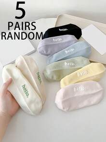 5 Pairs Women's Random 'Hello' Letter Pattern Comfortable Breathable Boat Socks, Versatile Spring/Summer - Multicolor - View 2