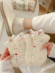 5 Pairs Random Cartoon Puppy & Rabbit Print Ankle Socks, Spring/Summer - Multicolor - View 1