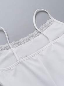 Women's Summer Jumpsuit, Slim Fit Shaping, Solid Color Letter Print, Comfortable Casual, Sexy Lace Trim Shorts Jumpsuit, Backless Contrast Lace Spaghetti Strap Design, Versatile For All Seasons, Black Summer Style, Suitable For Birthday Party, Outdoor Commute, Gathering, Valentine's Day, Date, Travel, Vacation, Beach And Other Occasions Elegant - White - View 6