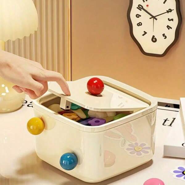 1pc New Style Dopamine Printed Grid Pattern Desktop Storage Bucket, Mini Covered High-Quality Storage Box For Bedroom & Living Room