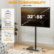 TV Floor Stand For 32 To 55 Inch TVs - Tall, Adjustable Swivel Stand, Max VESA 400x400mm, 40kg - Black - View 2
