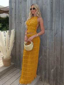 Women's Solid Color Backless Halter Neck Ruched Lace Trim Long Dress With Top Set,Semi-Sheer - trái cam - Xem 6