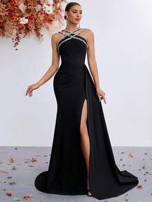 Criss-Cross Rhinestone High Waist Long Flowing Slit Back Lace-Up Ball Gown Evening Dress - Black - View 1